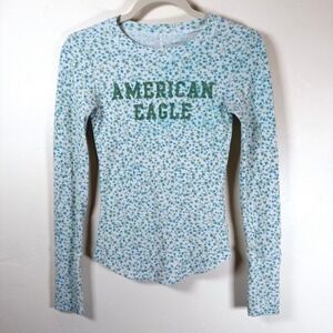 American Eagle Floral Spell Out Thermal Top XS Blue Green Waffle Y2K Cottagecore